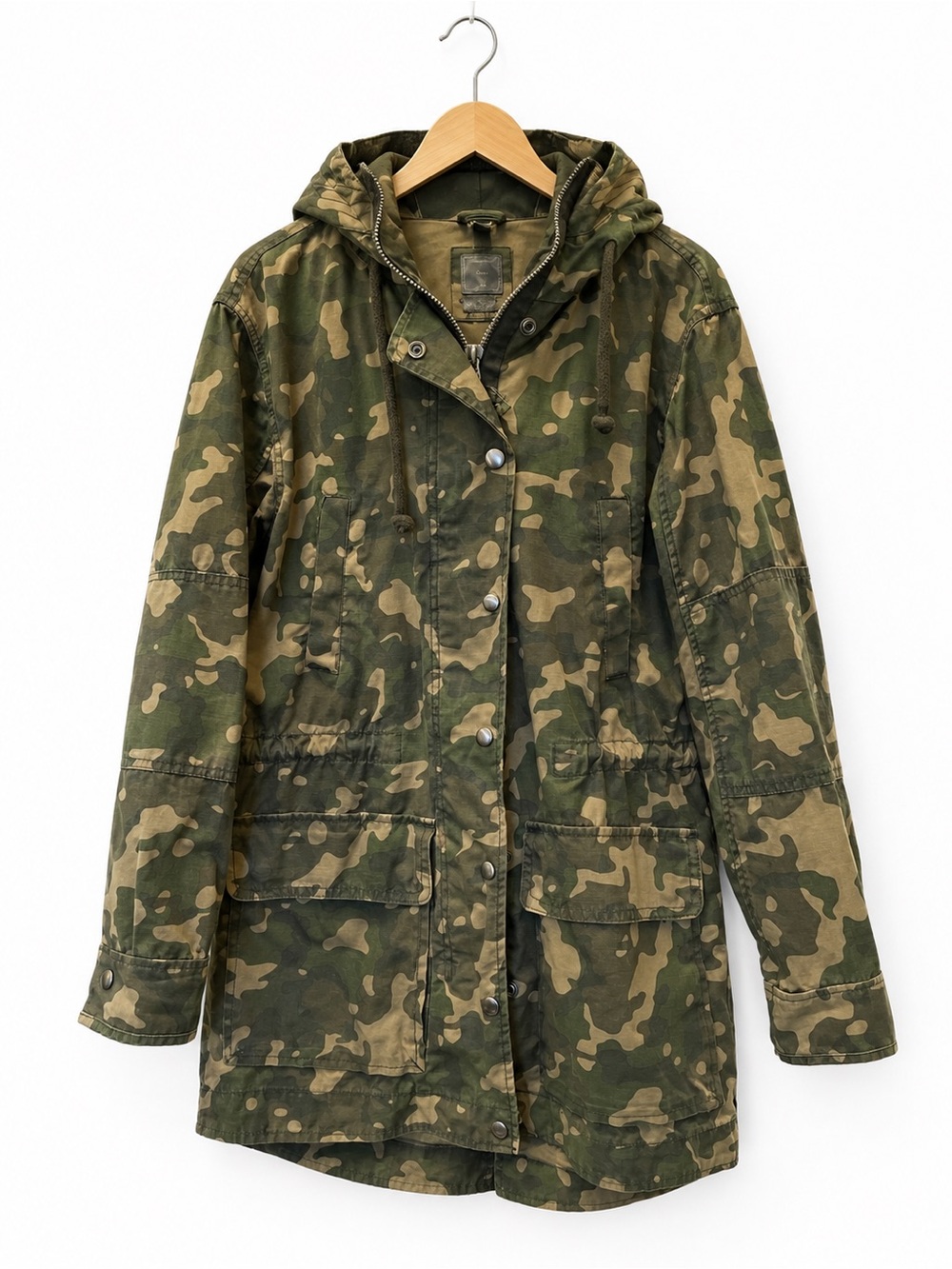 GAP Womenβs Camouflage Hooded Utility Jacket Oversized Fit Pockets Cotton Canvas